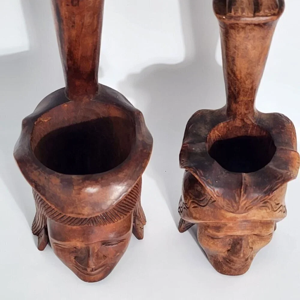 Polynesian Wood Carved Water Dipper Ladle 1960s Tribal Totem Africa Vintage 2Pcs